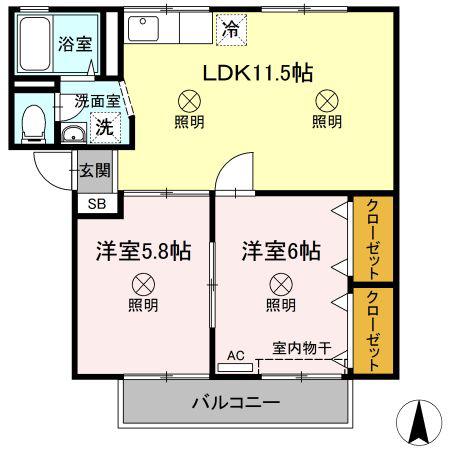 シャンポールききょう B棟(2LDK/2階)の間取り写真
