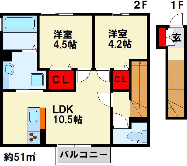 GRAND SOLEIL B棟(2LDK/2階)の間取り写真