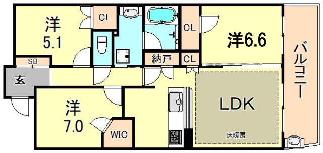 ライオンズ甲陽園 グラングレイド(3LDK/7階)の間取り写真