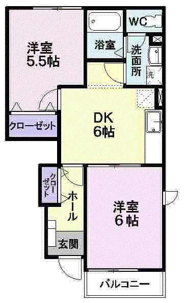ベルソーB(2DK/1階)の間取り写真