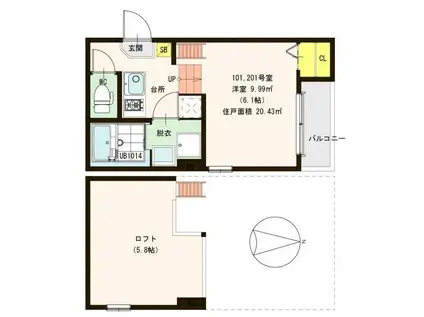 ハーモニーテラス平野西(1K/2階)の間取り写真