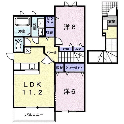 ベルローズ若宮B(2LDK/2階)の間取り写真