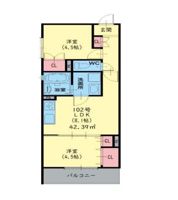 クリエオーレ瓜生堂(2LDK/3階)の間取り写真