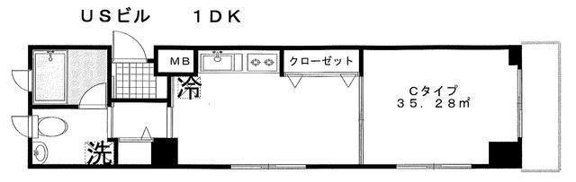USビル(1DK/3階)の間取り写真
