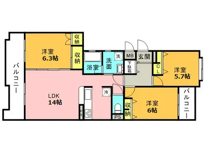 フラット水無瀬(3LDK/2階)の間取り写真