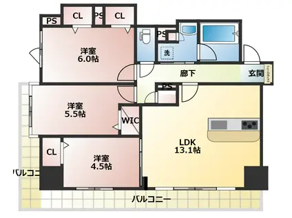 デュオヒルズ甲府(3LDK/3階)の間取り写真