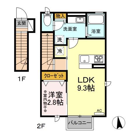 ドゥ・ヴィラージュ吉田(1LDK/2階)の間取り写真