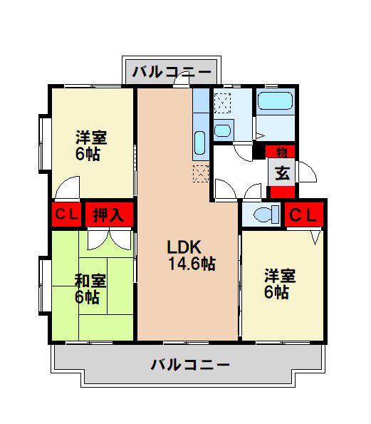 サンハイツ塔原(3LDK/4階)の間取り写真