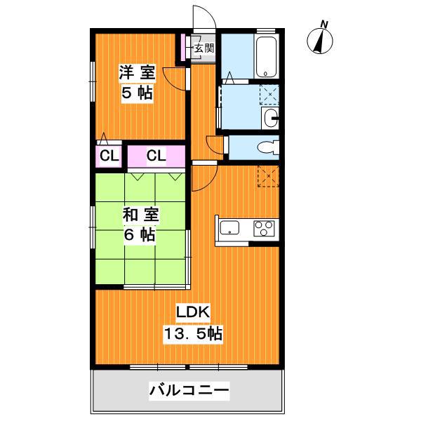 クレール甲東(2LDK/2階)の間取り写真