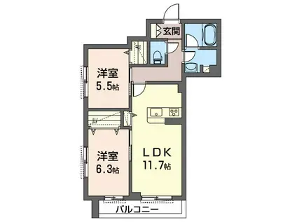 ラ・ルーム 妻田西(2LDK/1階)の間取り写真