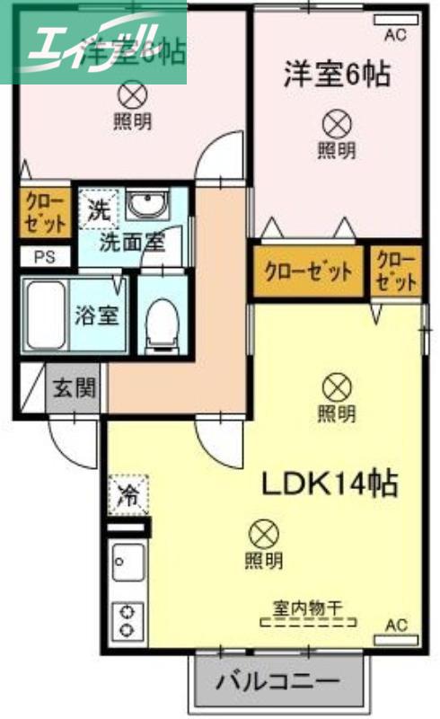 スゥイートガーデン国富 西棟(2LDK/2階)の間取り写真