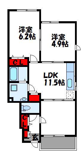 ヒルズ宮司I(2LDK/1階)の間取り写真