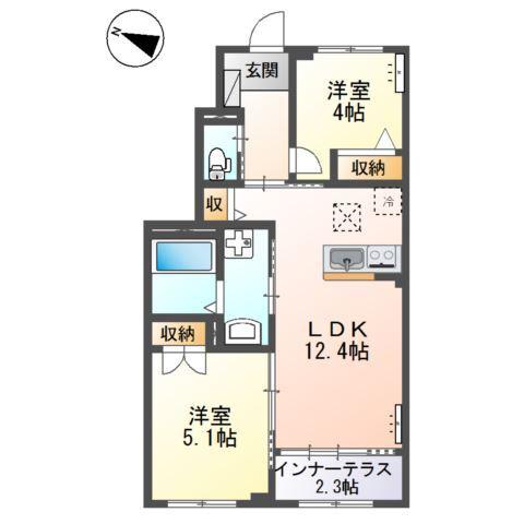 宇都宮市下栗アパート(2LDK/1階)の間取り写真