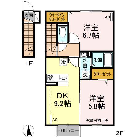 ハニーテラス(2DK/2階)の間取り写真