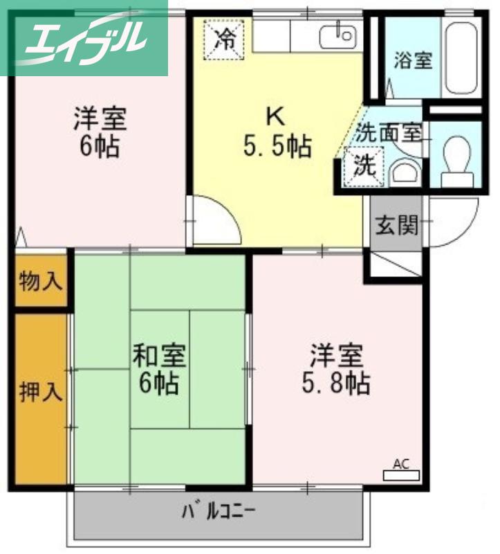 プレジール小野F棟(3K/2階)の間取り写真