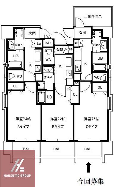 ウィング新北野(1K/4階)の間取り写真
