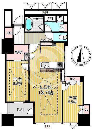 プレミストタワー靭本町(2LDK/29階)の間取り写真