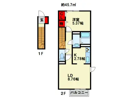 ジェントル篠崎(1LDK/2階)の間取り写真