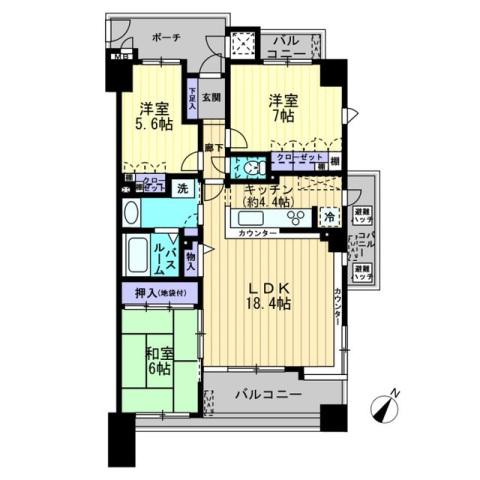 サーパス道後上市(3LDK/4階)の間取り写真