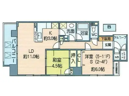 アーデン上本町(2LDK/6階)の間取り写真