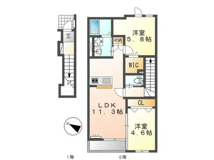 ボスコ三本木(2LDK/2階)の間取り写真