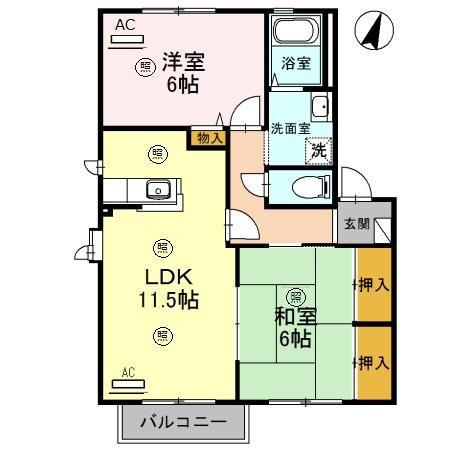 ハーモニーハイツ A棟(2LDK/2階)の間取り写真
