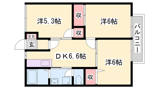 サンビレッジ野里(3DK/2階)の間取り写真