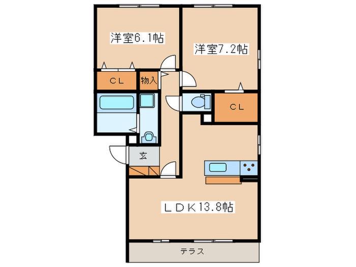 ザ・パーシモンD(2LDK/1階)の間取り写真