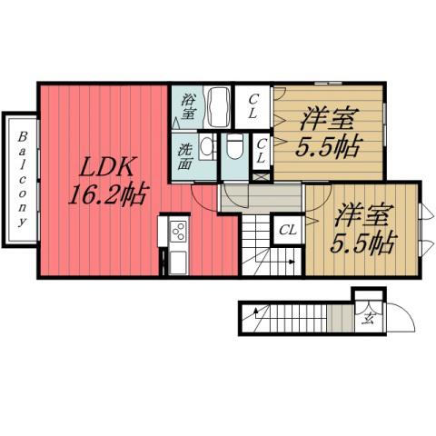 プランドール B/うるいど南2(2LDK/2階)の間取り写真