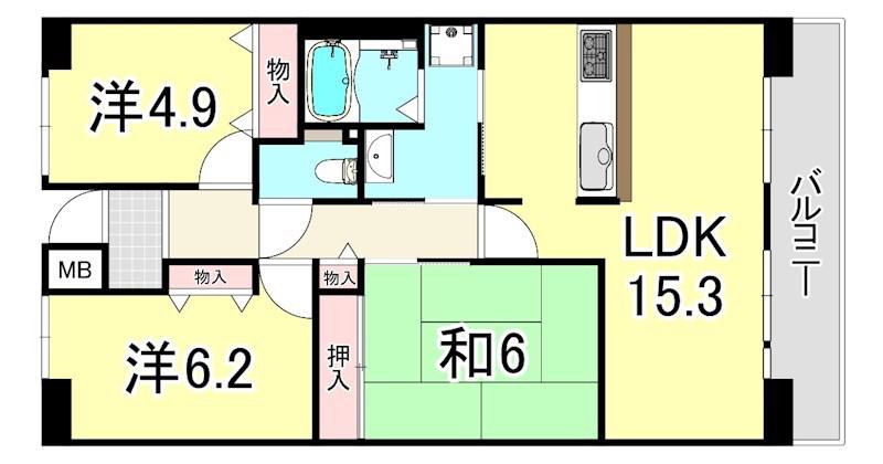 URルゼフィール立花 1号棟(3LDK/4階)の間取り写真