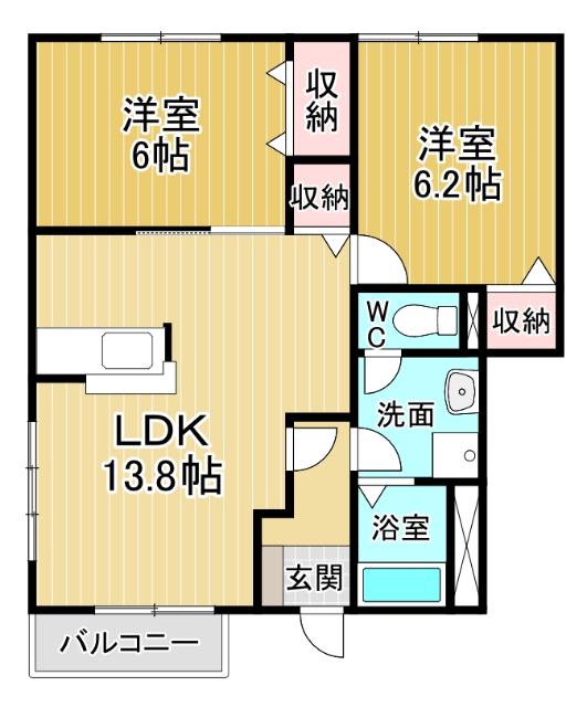 サンシェールB(2LDK/1階)の間取り写真