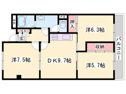 リッチウォーク佃町(3DK/6階)の間取り写真