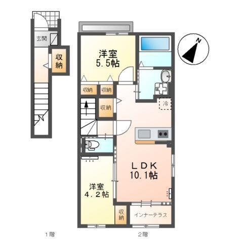 APGヴィラ徳倉B(2LDK/2階)の間取り写真