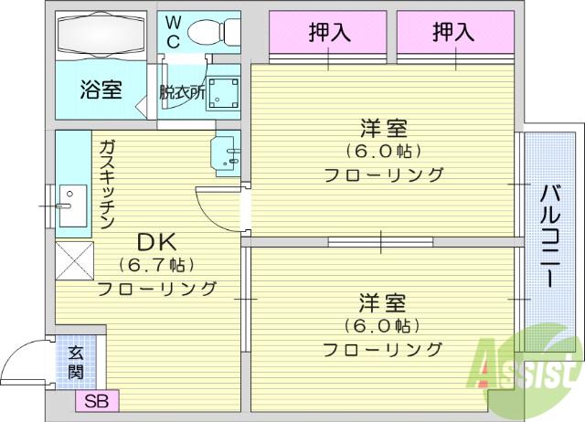 バッカスヒルズ(2DK/2階)の間取り写真
