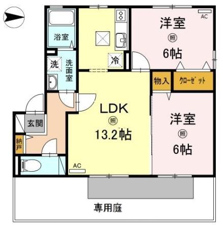 クレセント北峰 B(2LDK/1階)の間取り写真