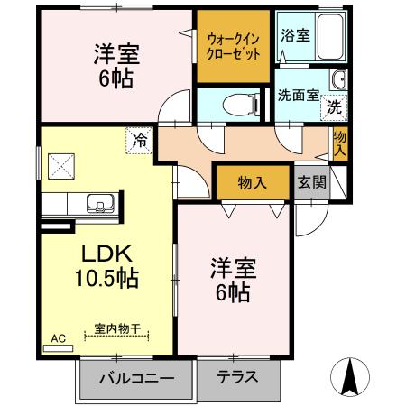 フォンテーヌ B(2LDK/1階)の間取り写真