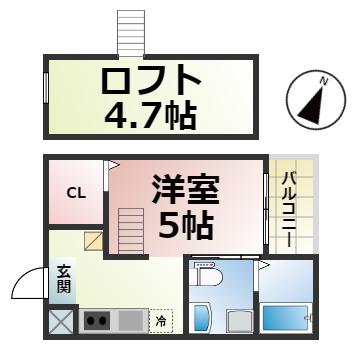 エクシア道徳(1SK/2階)の間取り写真