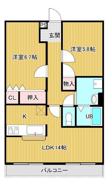 ハートフルマンションシャーレー(2LDK/2階)の間取り写真