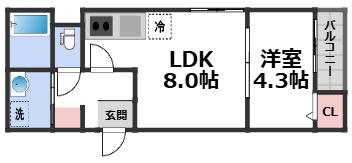 グランディオ鶴橋(1LDK/3階)の間取り写真