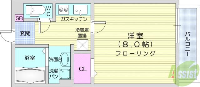 グリーンコート旭ケ丘(1K/1階)の間取り写真