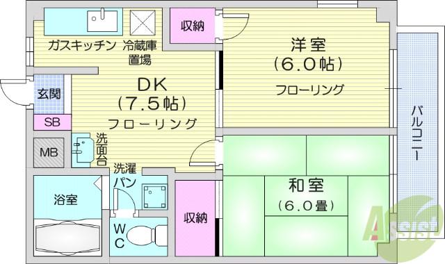 コーポさざんかⅠ(2DK/2階)の間取り写真