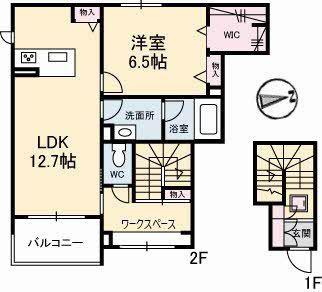 リバーウエストA棟(1LDK/2階)の間取り写真