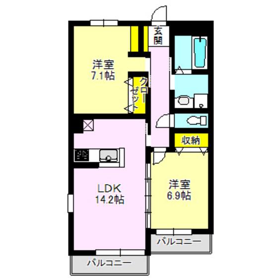 プレミアムツイン高崎壱番館(2LDK/1階)の間取り写真