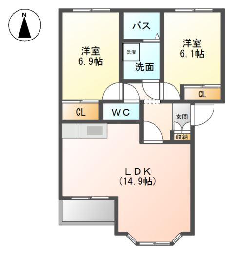 ハーフバレーII(2LDK/2階)の間取り写真