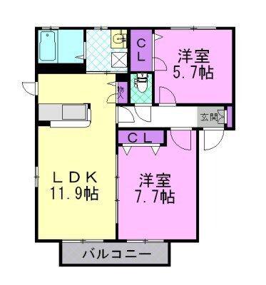 ハウス・ミーティア A(2LDK/1階)の間取り写真