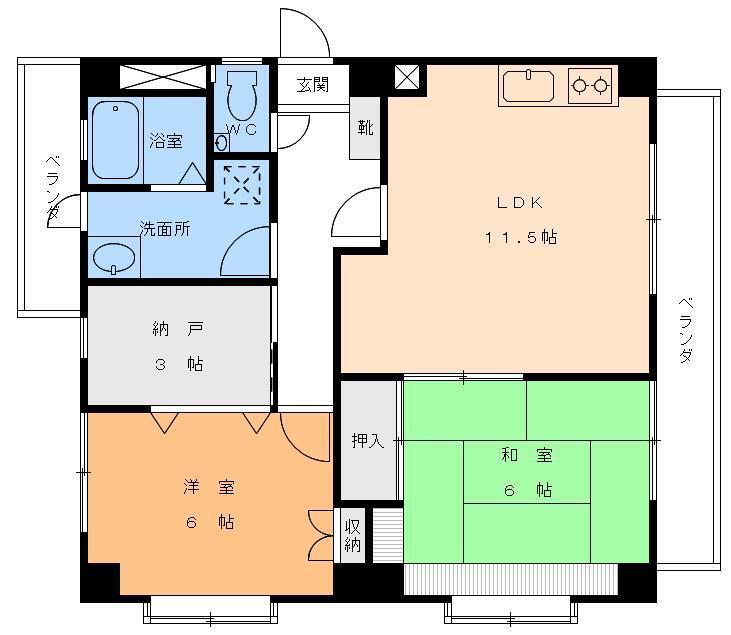 フラット・パインヒル(2SLDK/2階)の間取り写真