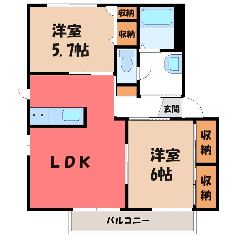 アスナロB(2LDK/1階)の間取り写真