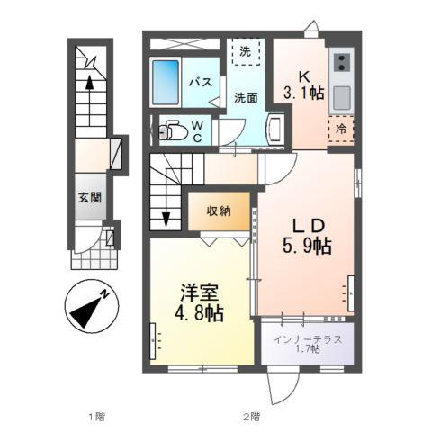 那珂市菅谷字寄居 アパート(1LDK/2階)の間取り写真