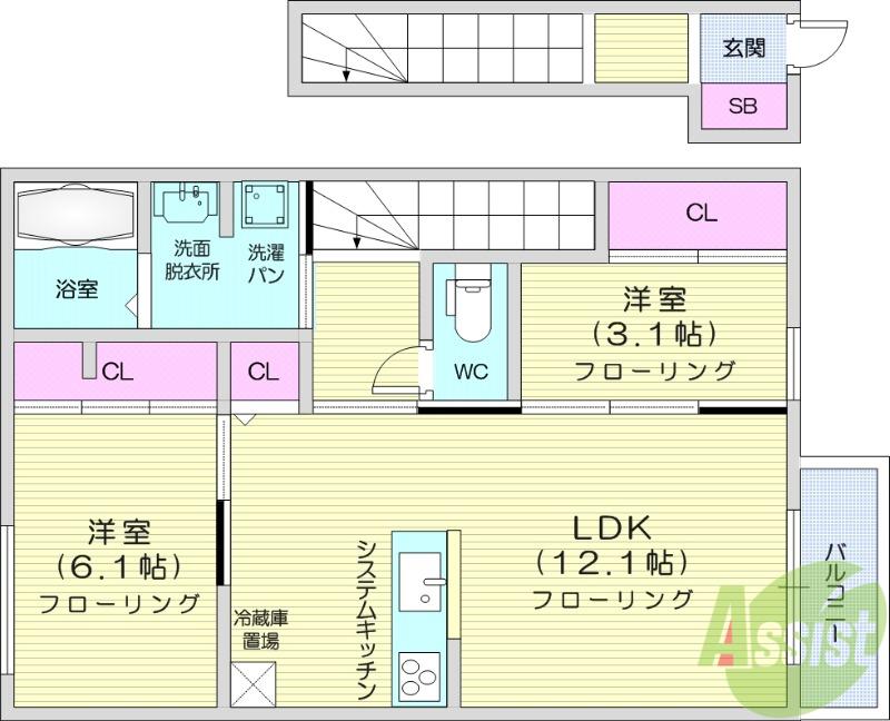 DーROOM富沢西2丁目(2LDK/2階)の間取り写真
