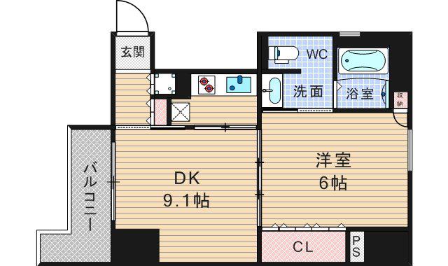 リーガル北堀江(1DK/4階)の間取り写真